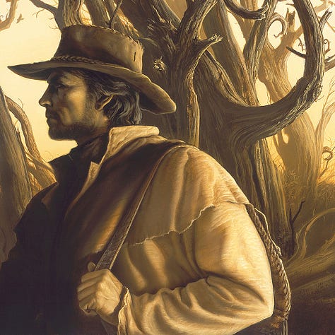 LEFT: Detail featuring Roland Deschain in leather duster and cowboy hat standing in front of barren trees with branches curling in the shape of the number 9. CENTER: Close detail featuring Roland Deschain resembling Clint Eastwood. He wears leather duster and handstitched cowboy hat. With his left hand, he holds the strap of bag slung over his shoulder. RIGHT: Close detail featuring a hand holding out a pocket watch. The index and middle finger are missing, so the chain is pinched between thumb and ring finger. The little hand points down while the big hand points straight up. The second hand approaches six. Several birds soar in various states of flapping wings through the background past barren trees