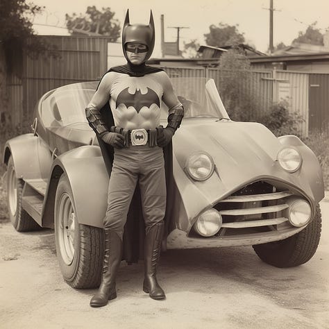 Vintage photos of Batman, Amazon rainforest, and smartphone - generated by Midjourney's text-to-image algorithm