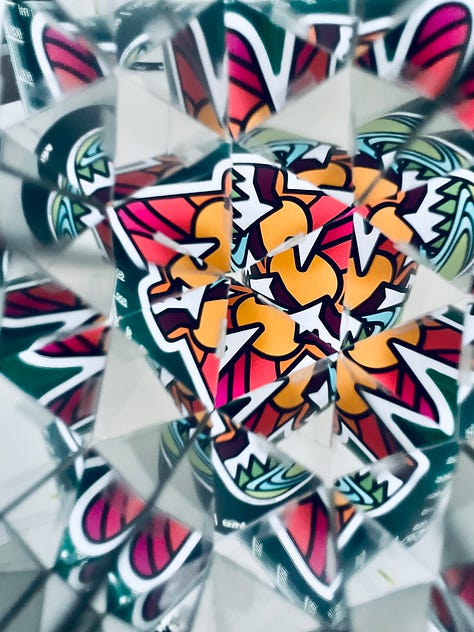 Photos of plants, stickers, pantry items through a kaleidoscope