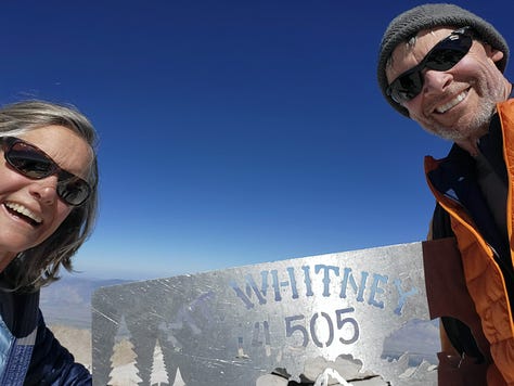 images of the granite and greenery of the majestic southern Sierra Nevada: Melanie and John at a bridge, PCT sign posts, mid-day nap,storm clouds coming, and atop Mt. Whitney at 14,505 feet