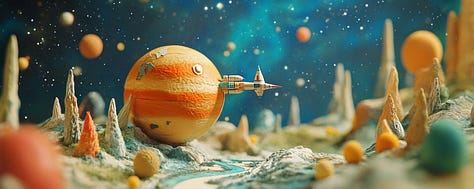 miniature diorama cardboard planet with space station in cosmic and psychedelic landscape