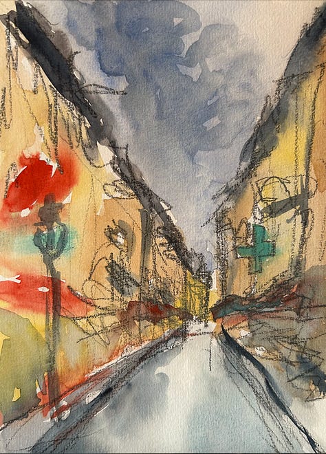 Watercolor sketch of the rue Montorgeuil is Paris, of the Pont Neuf, and four sketches of preening swans.