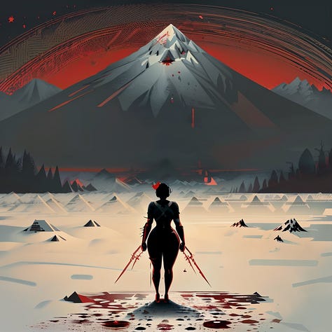 A woman with arrows piercing her body standing in front of a never ending mountain