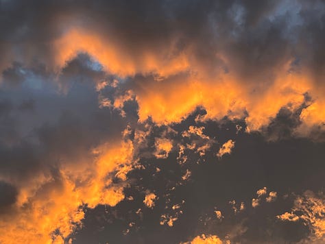 A gallery of 9 images that follow the development of golden light and intense orange and pink colours on beautiful cloud formations after the sun has set one day before the summer solstice in Scotland