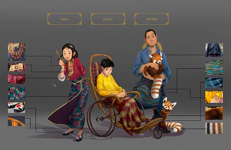 Images of people in creative settings, with Asian characters of family and a tiger