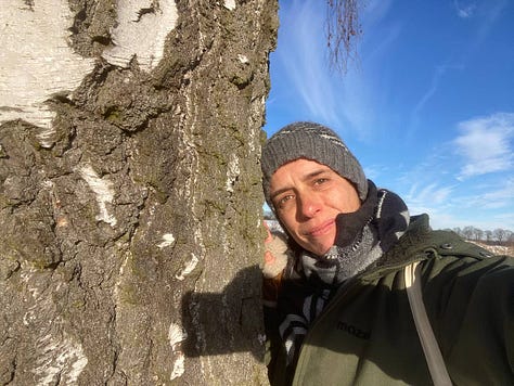 Kath and her birch tree friend on a clear winter's day