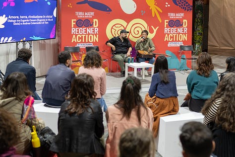 Scenes from previous Terra Madre presentations with people listening intently to speakers, including an image of Carlo Petrini, 