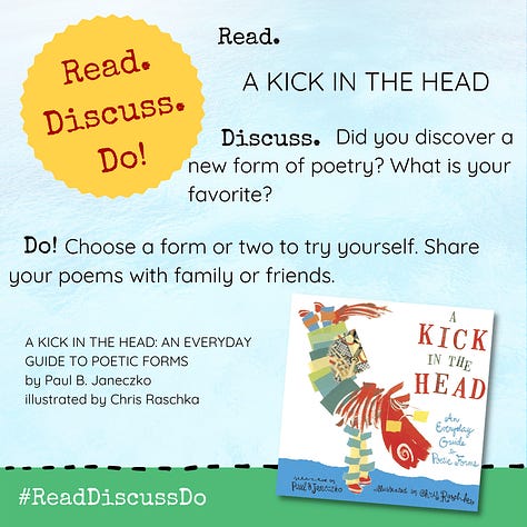Three images. The first shows the cover of the poetry book A Kick in the Head and a suggestion for trying some of the poetry forms in the book. The second image is a description of an acrostic poem. The third image explains what a concrete poem is and challenges the reader to write one.