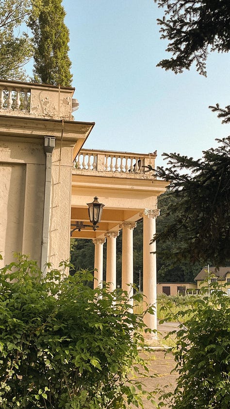 1) An off-white balcony supported by ornate pillars, 2) Benches perched among overgrowth of weeds and plant life, 3) A sunrise or sunset seen through the trees in a lush area, 4) A burning candle held up to an orange sunset, 5) A wooden sign which reads "Silence, reading room overhead" in red, capital letters, 6) Small metal sculptures of climbers, mounted onto wood panelled walls with coat & hat hooks, 7) An arched, pillared & decorated stone ceiling of a library, 8) A city sunrise reflected in a mirror.