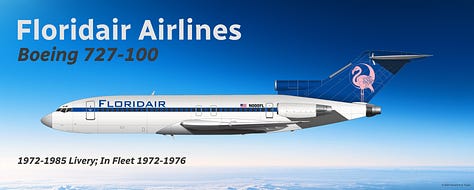 A selection of historic Floridair passenger aircraft: 1) Douglas DC-8-53; 2) Douglas DC-8-73; 3) Boeing 707-320B; 4) Boeing 727-100; 5) Boeing 727-200; 6) Boeing 737-800; 7) Boeing 737-900ER; 8) Boeing 757-200; and 9) Boeing 767-300ER - all shown in side view.