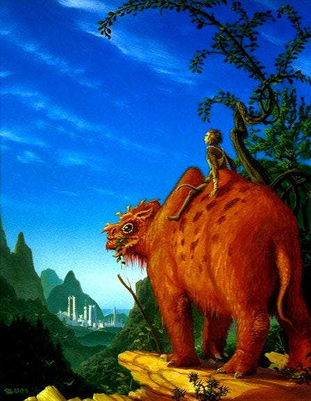 LEFT: Detail from THE NEW SPRINGTIME featuring two ape-like, an older wrinkled male and a younger tan furred female, standing in profile. The elder turns thoughtfully toward the viewer while the line of the younger's eyes focus off-panel left past a futuristic city of conical towers rising on a hill. CENTER: VISION, Acrylics on Illustration Board, 9" x 6". Detailed tonal concept for THE NEW SPRINGTIME featuring an ape-like humanoid on his knees holding up a small glowing sphere. The view of him is partially obstructed by a broken wall with an opening curving around his figure. On a pedestal above him a fleshy T-rex like dinosaur stands. RIGHT: TRAVELER, Acrylics on Illustration Board, 10" x 7". Color tonal concept for THE NEW SPRINGTIME featuring an ape-like humanoid riding on the humped back of an orange-furred alien pachyderm. The stands on a rock outcrop overlooking a futuristic city tucked between tall verdant hills.