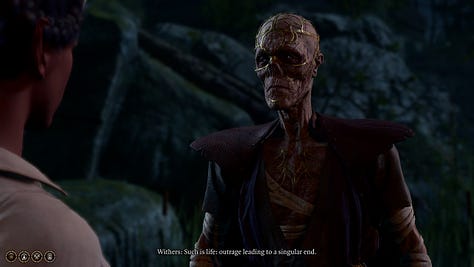 A set of screenshots of the game Baldur's Gate 3, featuring environments and dialogue.