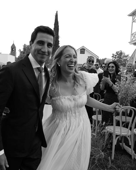 photo of greg and rachel coming down aisle, photo of large cake that's 4 feet long, and photo of rachel and greg with their dogs at wedding