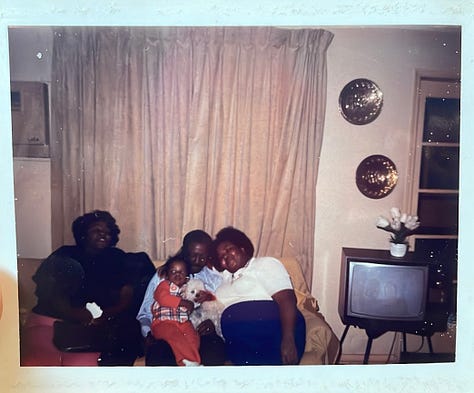 — my mom as a baby (top left), my maternal grandfather's old polaroids and camera (top middle), me and my granddad (top right), my paternal grandmother (bottom left), a letter from my mom's foster dad (bottom middle), a photo of my mom and my grandparents (bottom right)