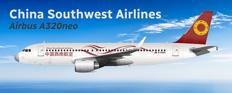 The current China Southwest Airlines fleet: 1) Comac C919, 2) Airbus A321LR, 3) Airbus A320neo, 4) Airbus A320-200, 5) Aria T102 Transonic, 6) Airbus A319-100.