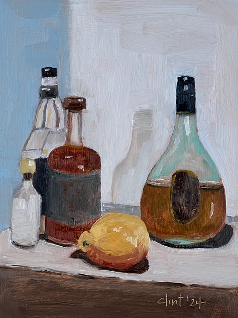 A group of nine oil painted images showing fruits, flowers, liquor bottles, and ceramics.