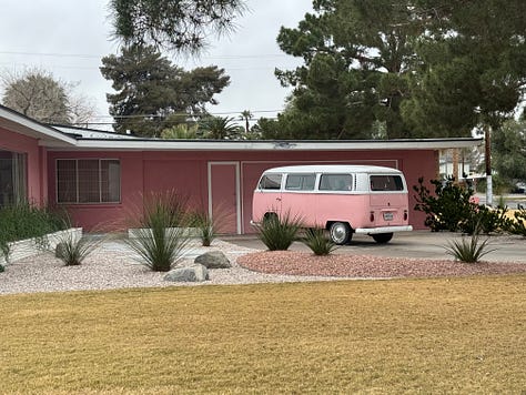 Six images: three black and white of girls soccer, one of a pink house and van, one of a pick topographic map, and one of an old neon sign from a Vegas casino.