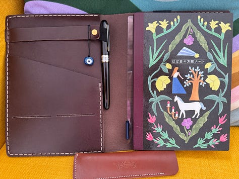 Brown leather notebook cover and page spreads