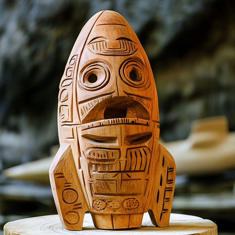 Tiki carving of a gnome, palm tree, and spaceship in Midjourney