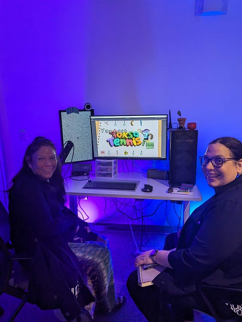 Image 1: Community members chatting and testing out games on display. Image 2: Two women sitting in front of a game called Torso Tennis. Image 3: Heather Chandler at front of the room talking about game production.