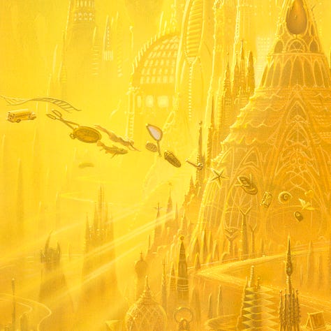 LEFT: Detail from CITY OF GOLDEN SHADOWS featuring the central dome rendered in gold. Atop is a large jeweled window in teardrop shape. A shimmering cascade snakes around it through a variety of spires and out an ornate gate of intersecting arches. CENTER: Close detail from CITY OF GOLDEN SHADOWS featuring the gate in the lower right foreground. The gate is formed by the intersection of two parabolas, one wider and shorter than the other. It has an ornate spire rising from the top decorated at the top with a winged circle perched on a triangle. A shimmering trail snakes through and around the points of towers erected in a variety of styles. RIGHT: Close detail from CITY OF GOLDEN SHADOWS featuring a nonsensical stream of symbols including a a dove, padlock, ammonite, hourglass, rowboat starfish, tobacco pipe, trilobite, hand mirror, swimming woman, fish, pocket watch, scissors, school bus, and wavy ladder.