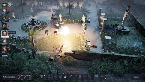 Screenshots of Jagged Alliance 3 by Haemimont Games. Some screenshots are in top-down perspective showing mercenaries in a level in the fictional African nation of Grand Chien and others are full pictures of NPCs (Non-Player-Characters) in dialogue with the player, or the map display in a diegetic UI.