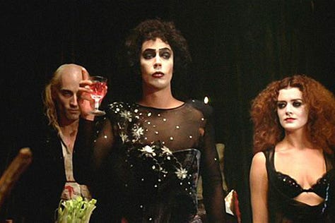 Rocky Horror Picture Show shots, including Tim Curry, Meatloaf, and a toast the dinner scene