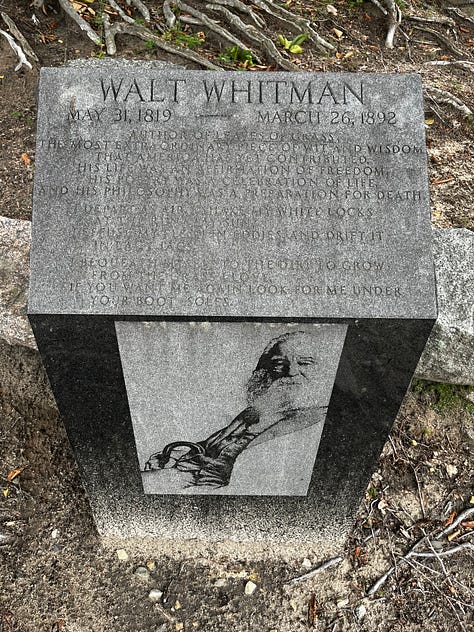 Images of Walt Whitman's final resting place: tomb, trees, plaque.