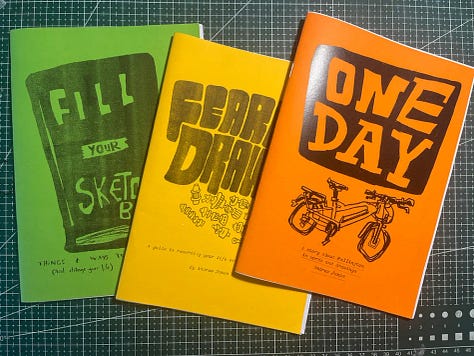 An assortment of eye-catching zines from the Substack community, each displaying unique illustrations and eclectic themes.