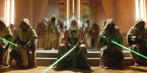 AI Gen images of mystics with laser powered swords.