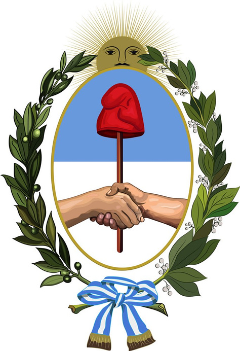 The Argentine coat of arms which includes a Phrygian cap; Saint Peter's cross, i.e. an upside down cross, in this case with two overlapping keys; and the cover of the book Psychiatric Hegemony