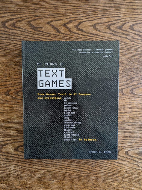 Various images of the casebound hardcover and softcover print-on-demand edition of 50 Years of Text Games.