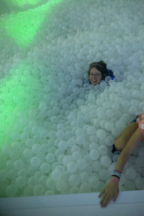 Three images from the balloon museum featuring dancing balloons and the giant ball pit.