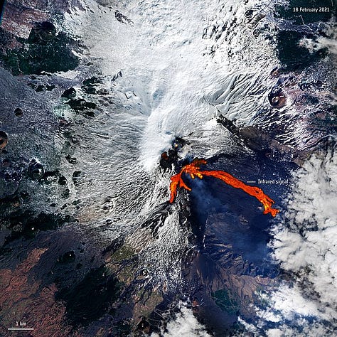 From L to R: Diverting Mount Etna (Gianni Tortoli), Diagram of 1983 diversion attempts (NPR), Satellite photo of recent 2021 eruption (ESA)