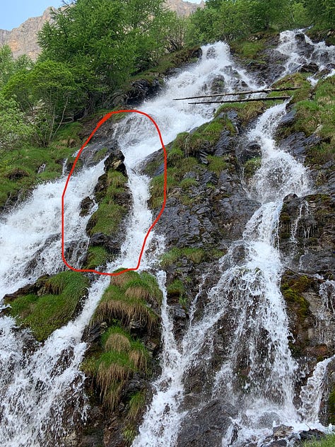 Hiking at Stroppia waterfalls near Chiappera, Piedmont, Italy