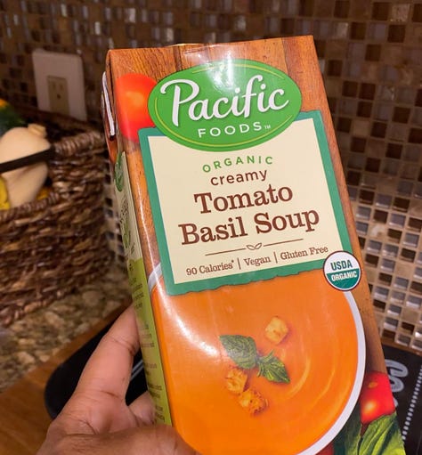 First Image: Package of Tomato Basil Soup. Second Image: Home Made Tofu Mushroom Empanadas Third Image: Pesto over Bucattini Pasta