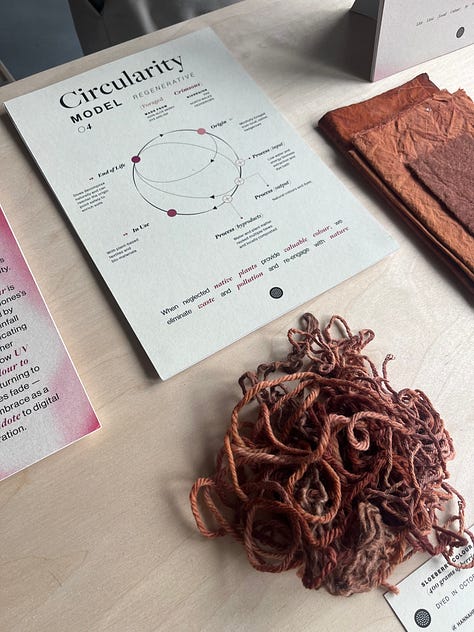 1-3. Exhibition table for 'crimsons' showing Hannah Elisabeth Jones' artefacts of dyed fabric and yarns using locally-foraged weeds for red hues.