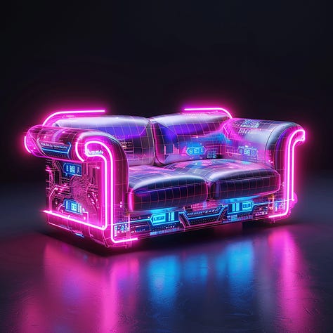 Elephant, sofa, cityscape cyberpunk
