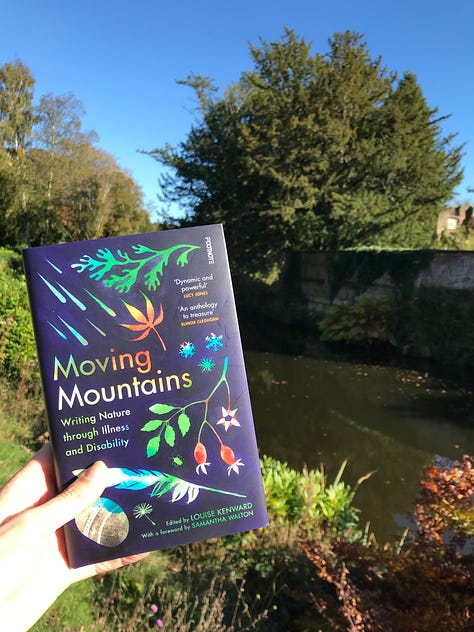 eight images of Moving Mountains book in different spots around the gardens, with shadows cast across the cover and autumnal colours of trees and bracken and mosses.