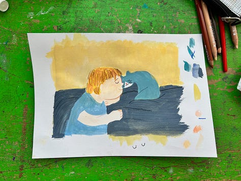gouache illustrations of young boys with cats, bags of chips and riding in a red car