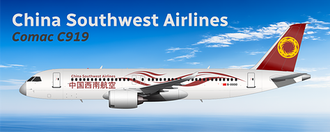 The current China Southwest Airlines fleet: 1) Comac C919, 2) Airbus A321LR, 3) Airbus A320neo, 4) Airbus A320-200, 5) Aria T102 Transonic, 6) Airbus A319-100.