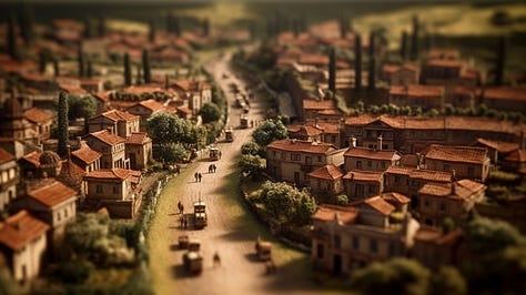 Midjourney prompt: all roads lead to rome during roman empire era tilt-shift photography