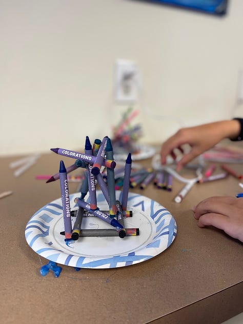 9 images from summer art camp - child painting self-portrait, array of self-portraits, clay magnets, lots of bubbles, child placing stickers x 3, Kids playing chess, child gluing crayon sculpture