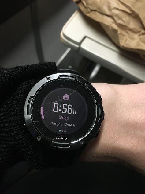 Image 1: Female lies down on a double train seat wearing an eyemask and earphones. Image 2: a fitness watch shows 56 minutes sleep. Image 3: dawn rising over the snow-capped Cairn Gorm Mountains from Aviemore.