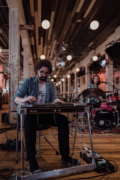 Five stills from Griffin Moyer's performance at Acme Radio Live in the main bair area of Acme Feed & Seed. Some members of the band are also featured.