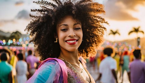 Several photos of an eye with the universe reflected, a woman at a parade, tattoos and hands holding a flower