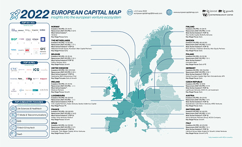 A map showing European private equity firms