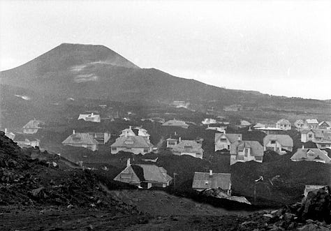 Images of Heimaey after 1973 Eldfell eruption (wikicommons)