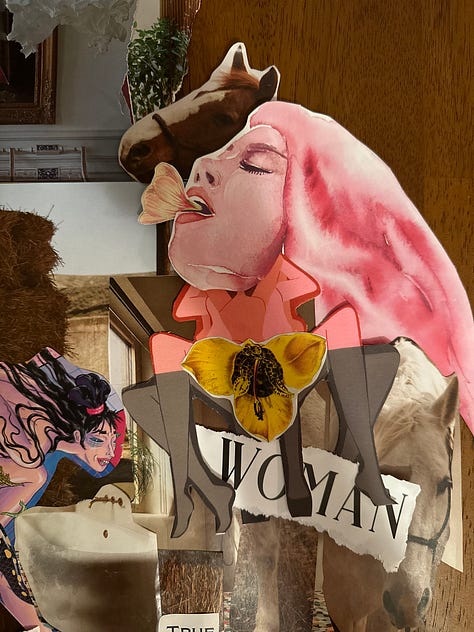 Three images of collage depicting window opening with figure of woman and horse behind it