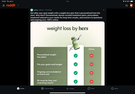 A selection of weight loss ads from Reddit, YouTube, and Instagram.